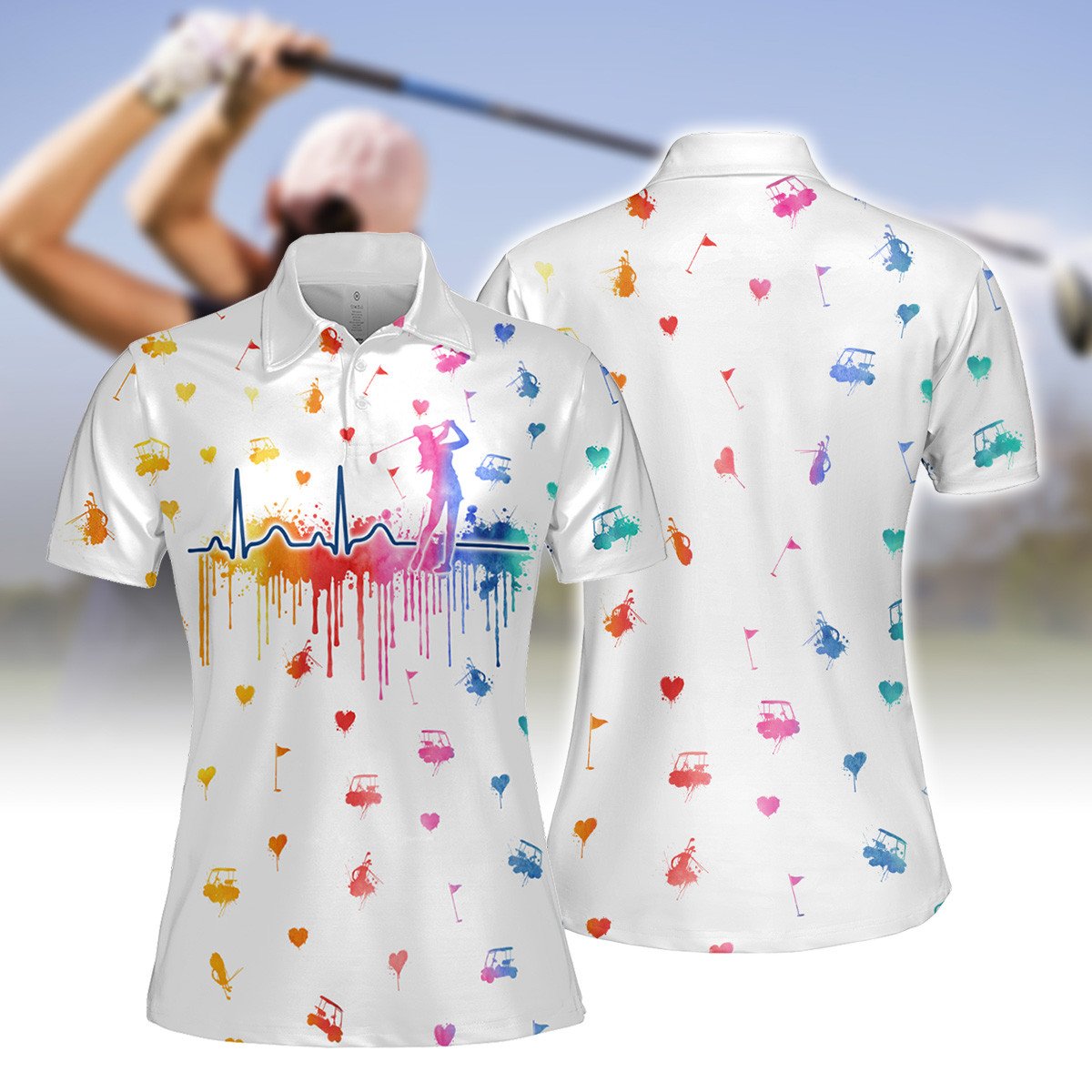 Women Golf Heart Beat Water Color Women Short Sleeve Polo Shirt, Sleeveless Polo Shirt