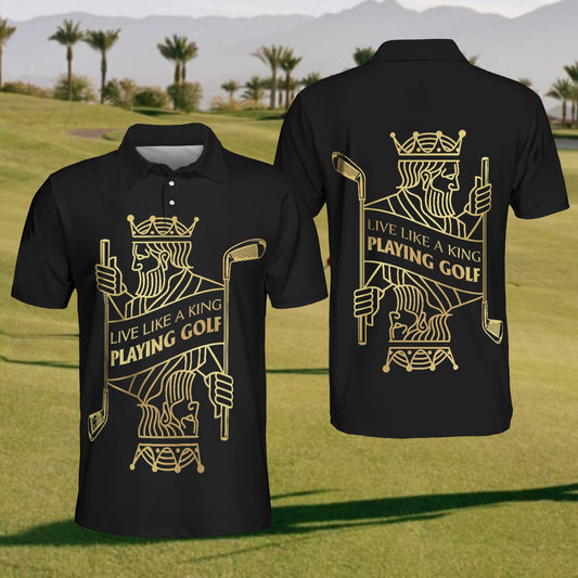 Men's Live Like A King Playing Golf Black And Gold Polo Shirt