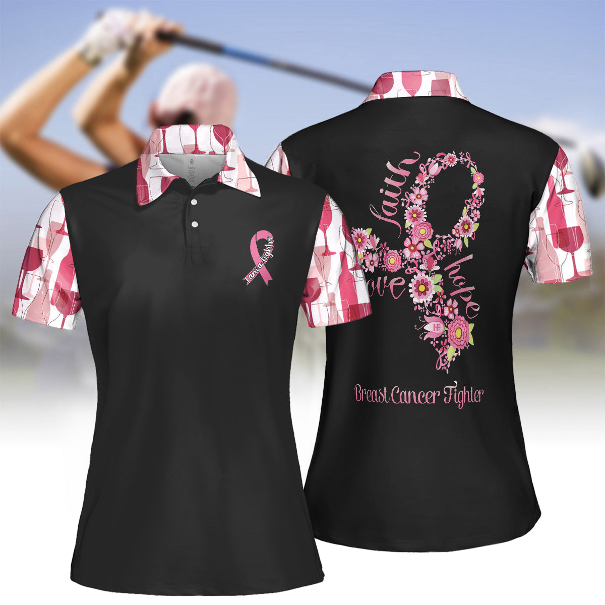 I Am A Breast Cancer Fighter Pink Flowers Awareness Ribbon Women Polo Shirt