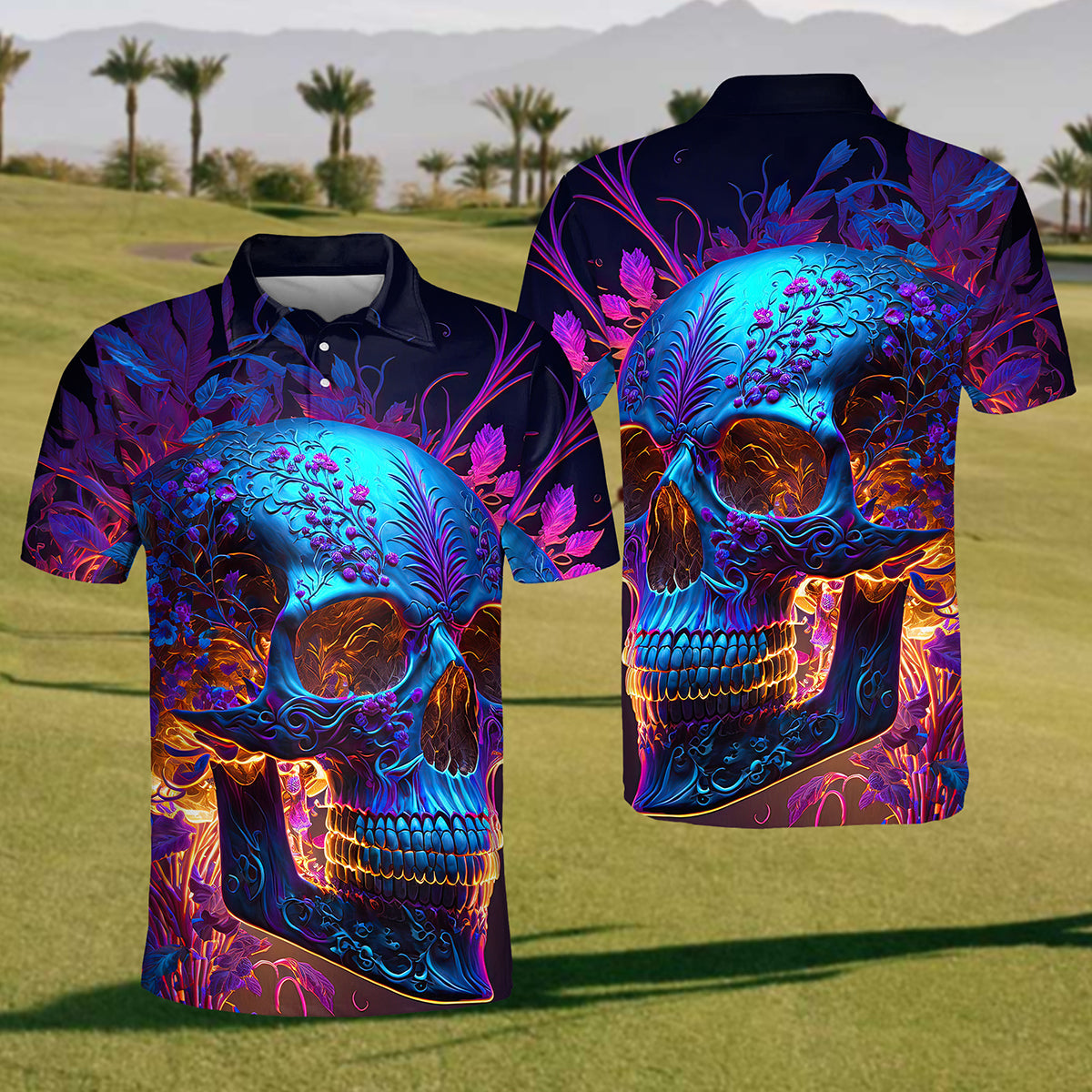 Mens Flower Skull Polo Shirt