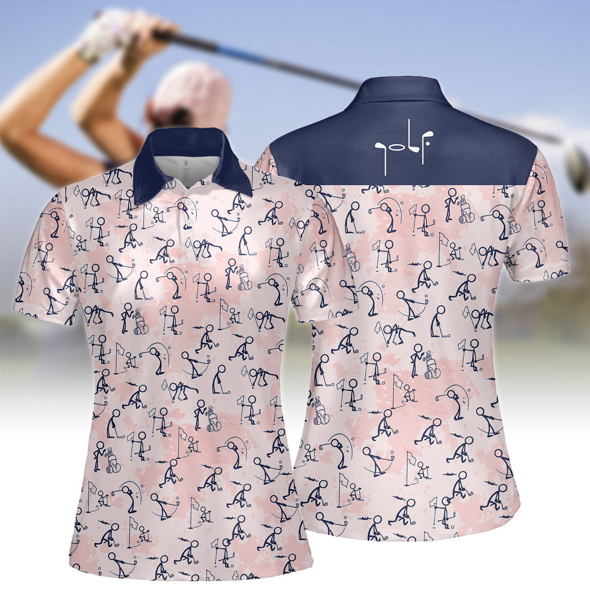 Pink Seamless Golf Stick Figures Women Short Sleeve Polo Shirt, Sleeveless Polo Shirt