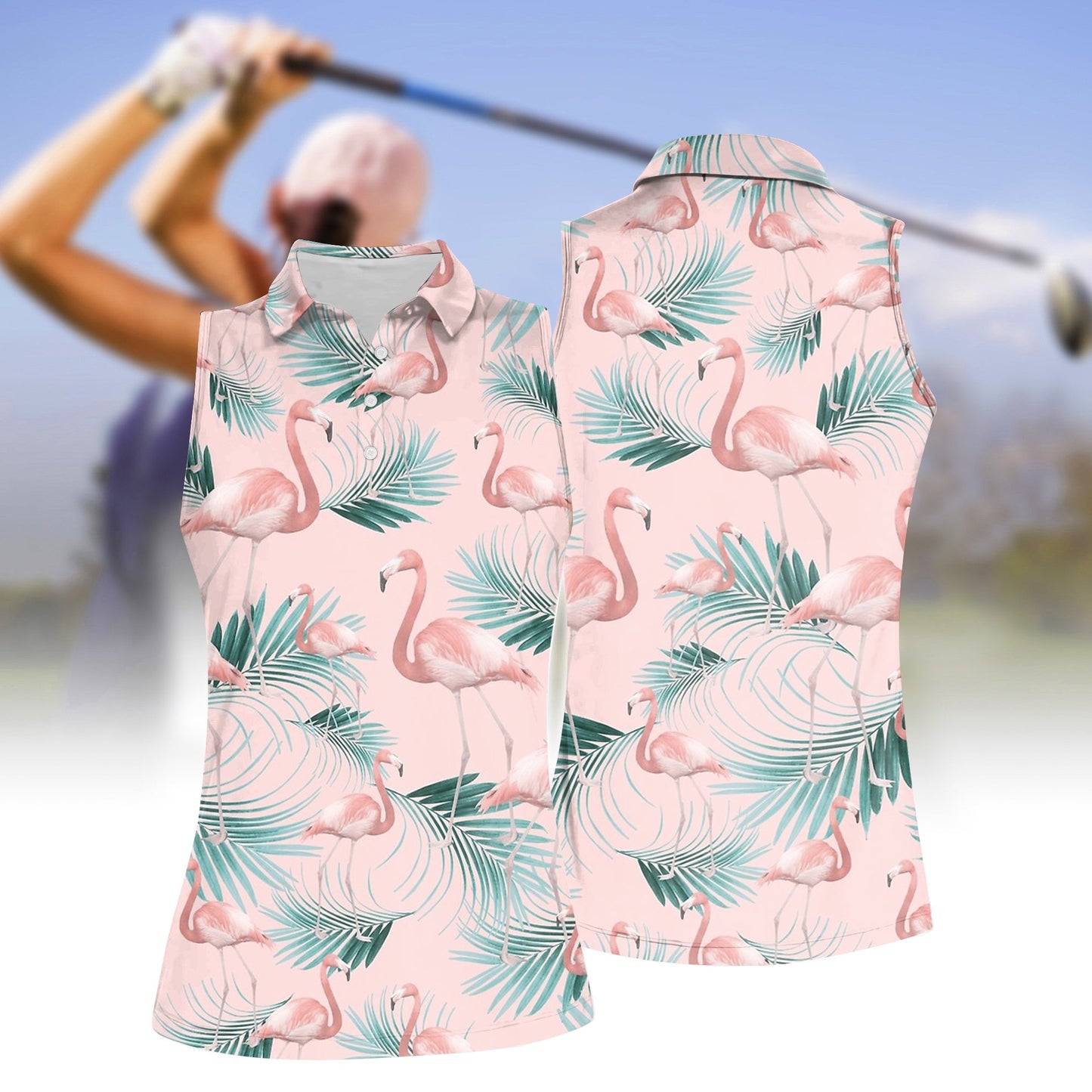 Women's Leaf & Flamingo Sleeveless Polo Shirt