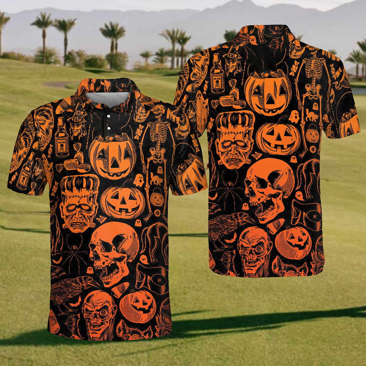 Mens Orange Skull Polo Shirt