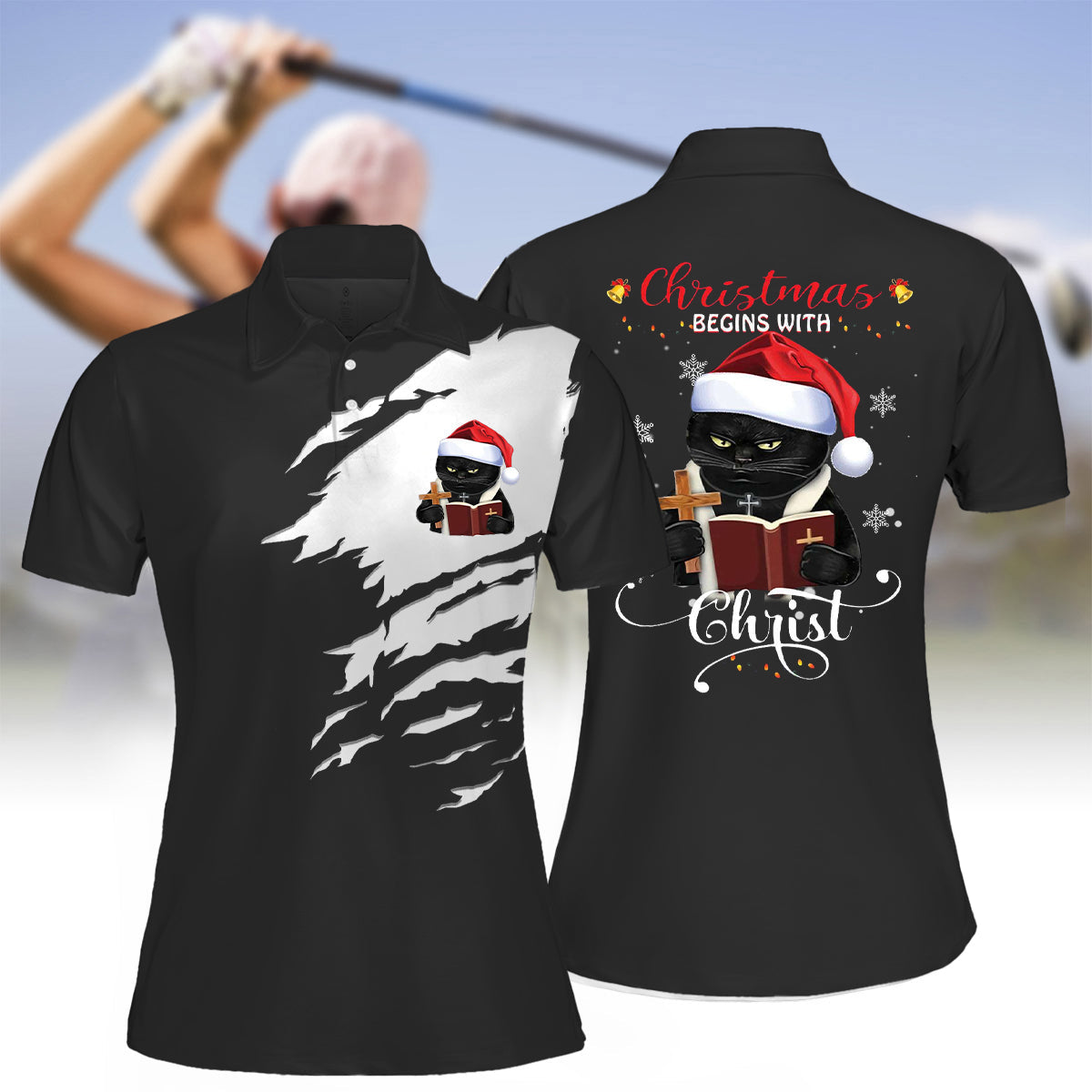 Women's Black Cat And Jesus Christmas Begins With Christ Print Long Sleeve Polo Shirt