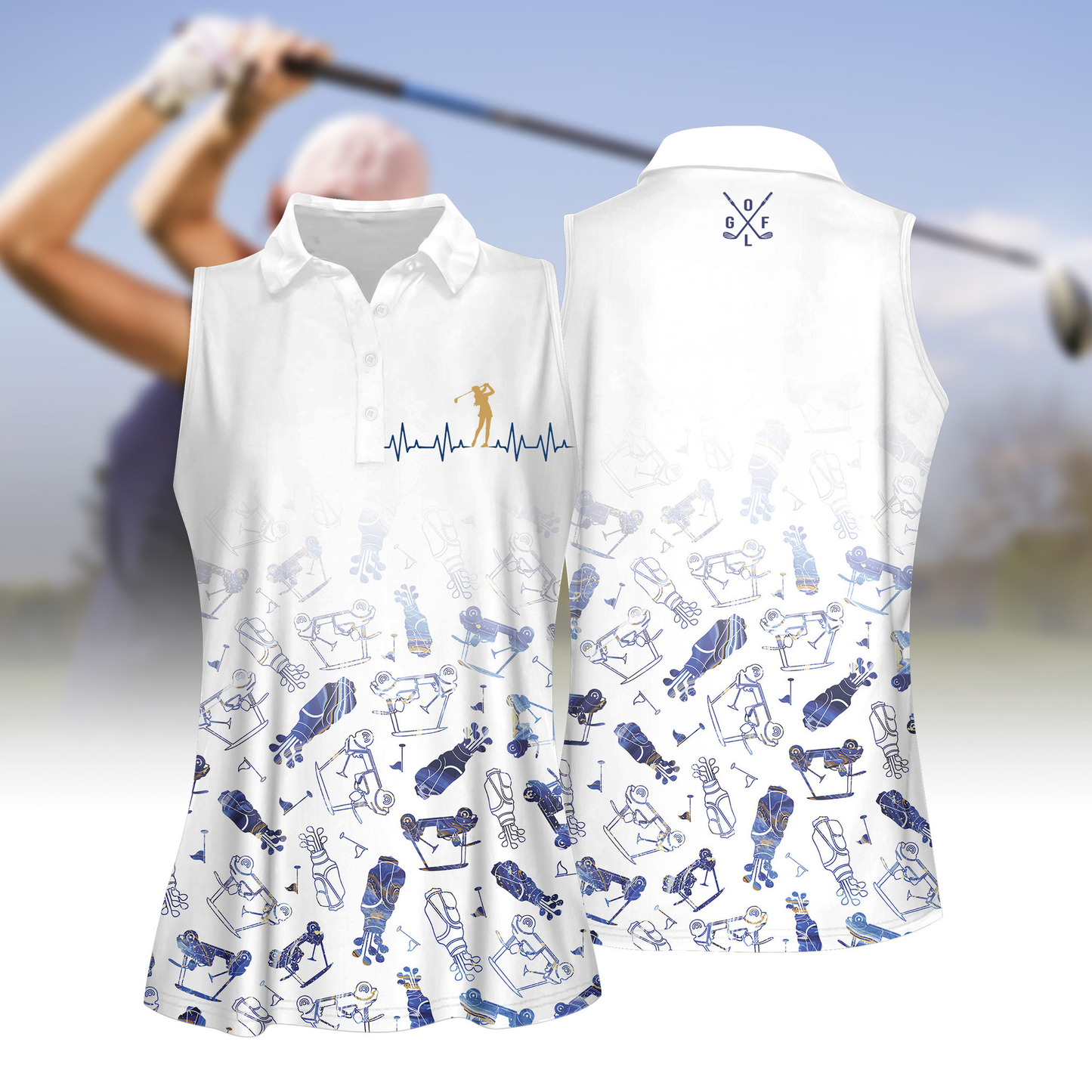 Blue Marble Gradient Heart Beat Golf Women Sleeveless Polo Shirt