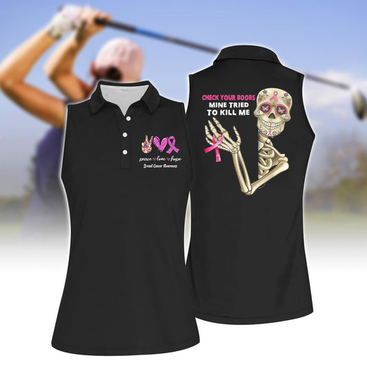 Women's Skull Pink Ribbon Sleeveless Polo Shirt