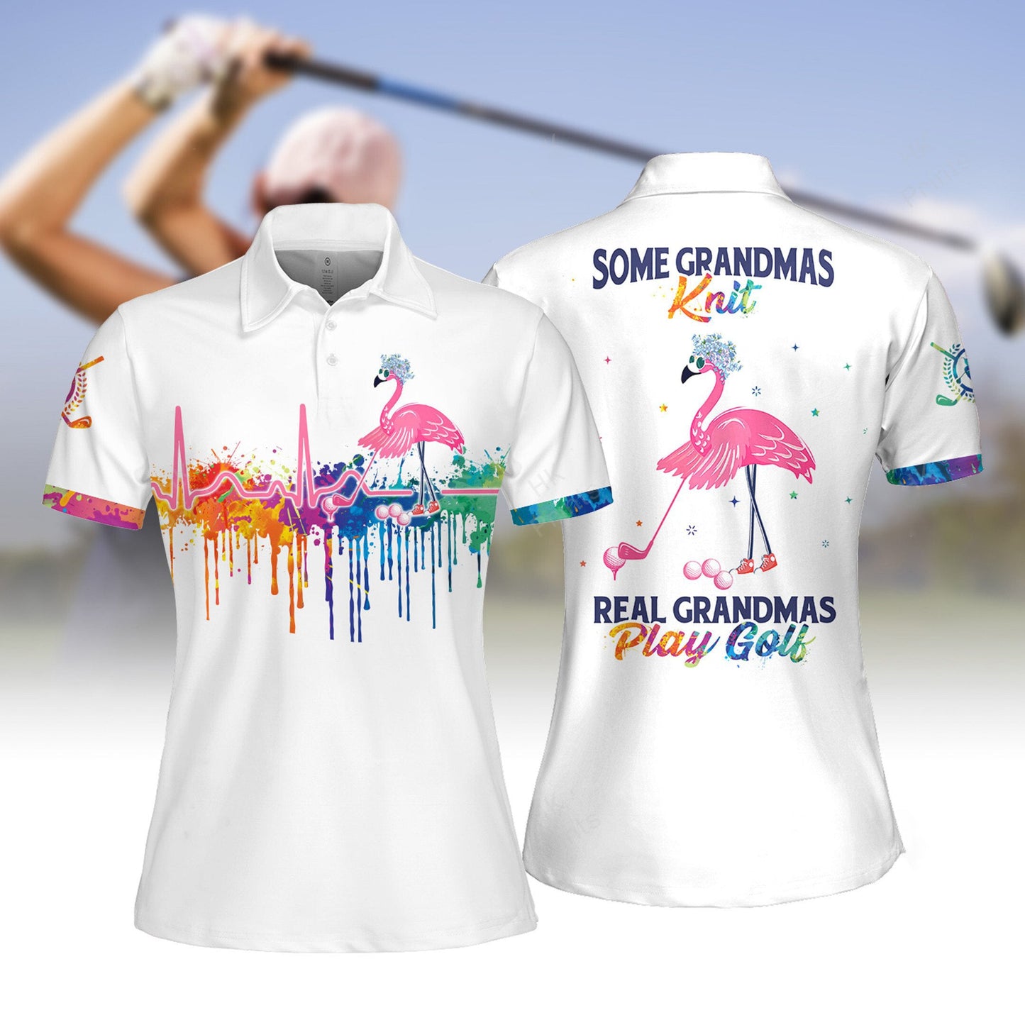 WATERCOLOR HEART BEAT FLAMINGO SOME GRANDMAS KNIT REAL GRANDMAS PLAY GOLF WOMEN SHORT SLEEVE POLO SHIRT