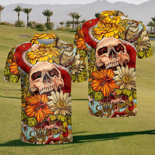 Mens Skull Flower Polo Shirt