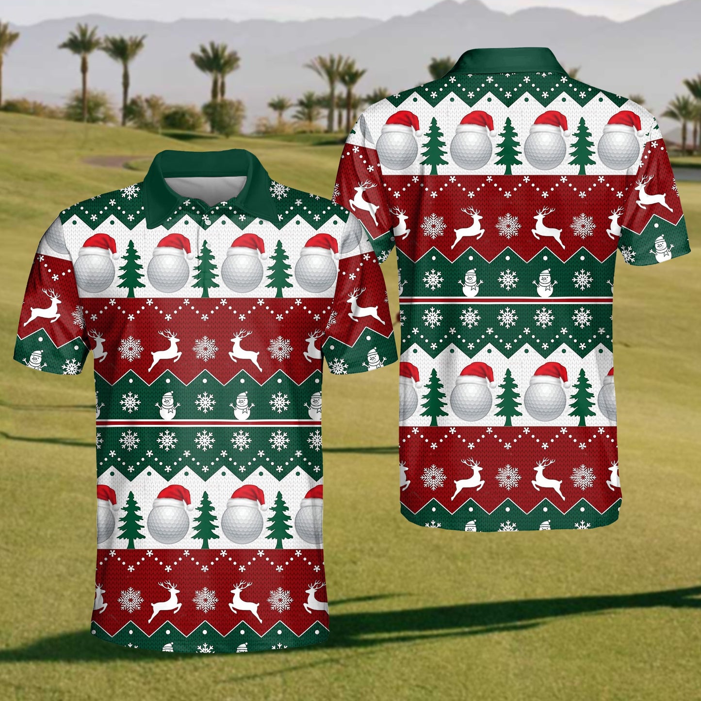 Men's Golf Santa Merry Christmas Tree Snow Sleamless Polo Shirt