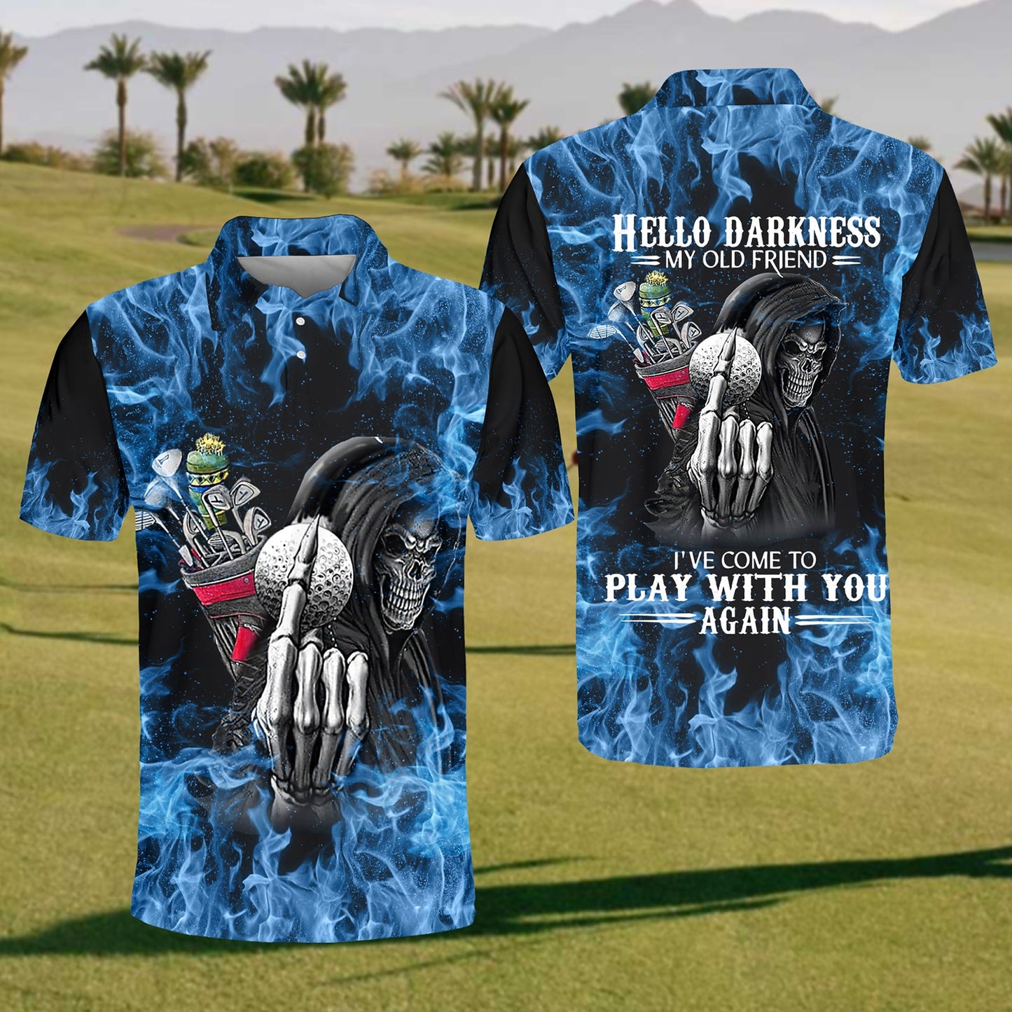 Golf Blue Flame Hello Darkness My Old Friend I've Come To Play With You Again Polo Shirt For Men