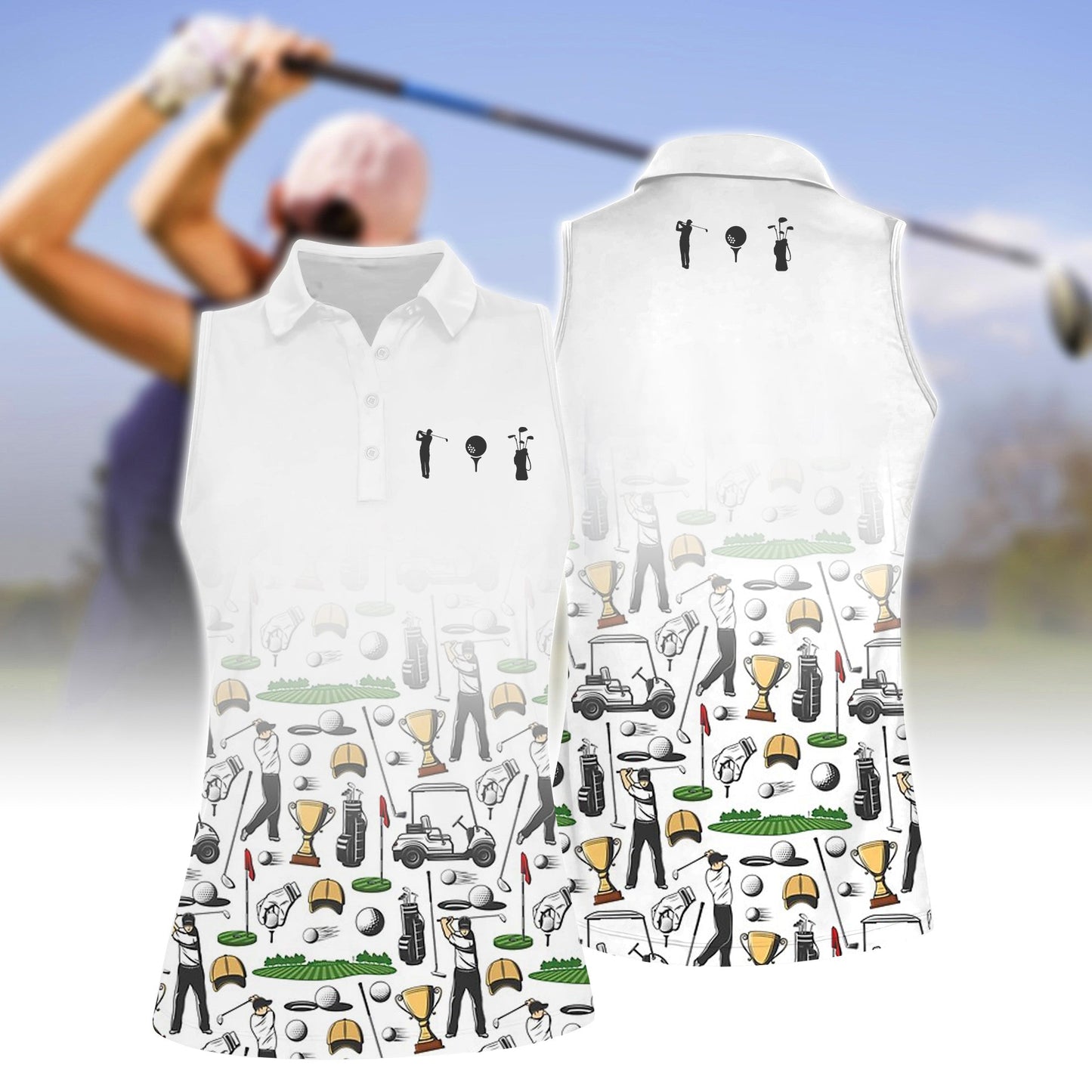 Women Golf Stick Figures Sleeveless Polo Shirt