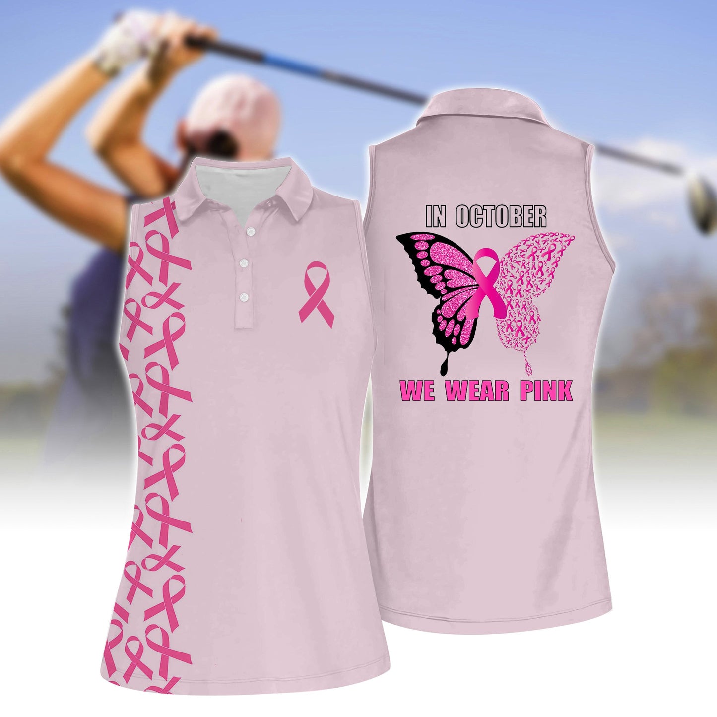 Women's Pink Butterfly Sleeveless Polo Shirt