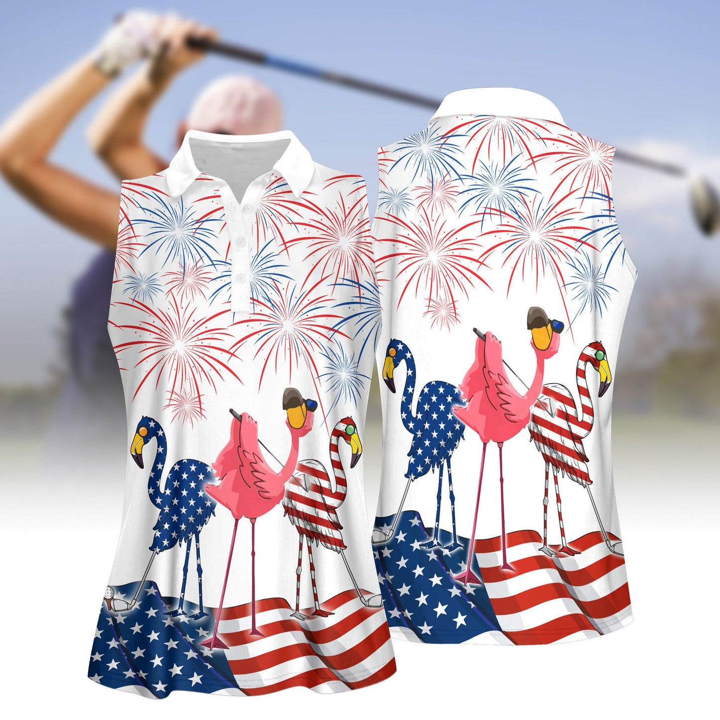 Patriotic Funny Flamingo Golf Women Sleeveless Polo Shirt