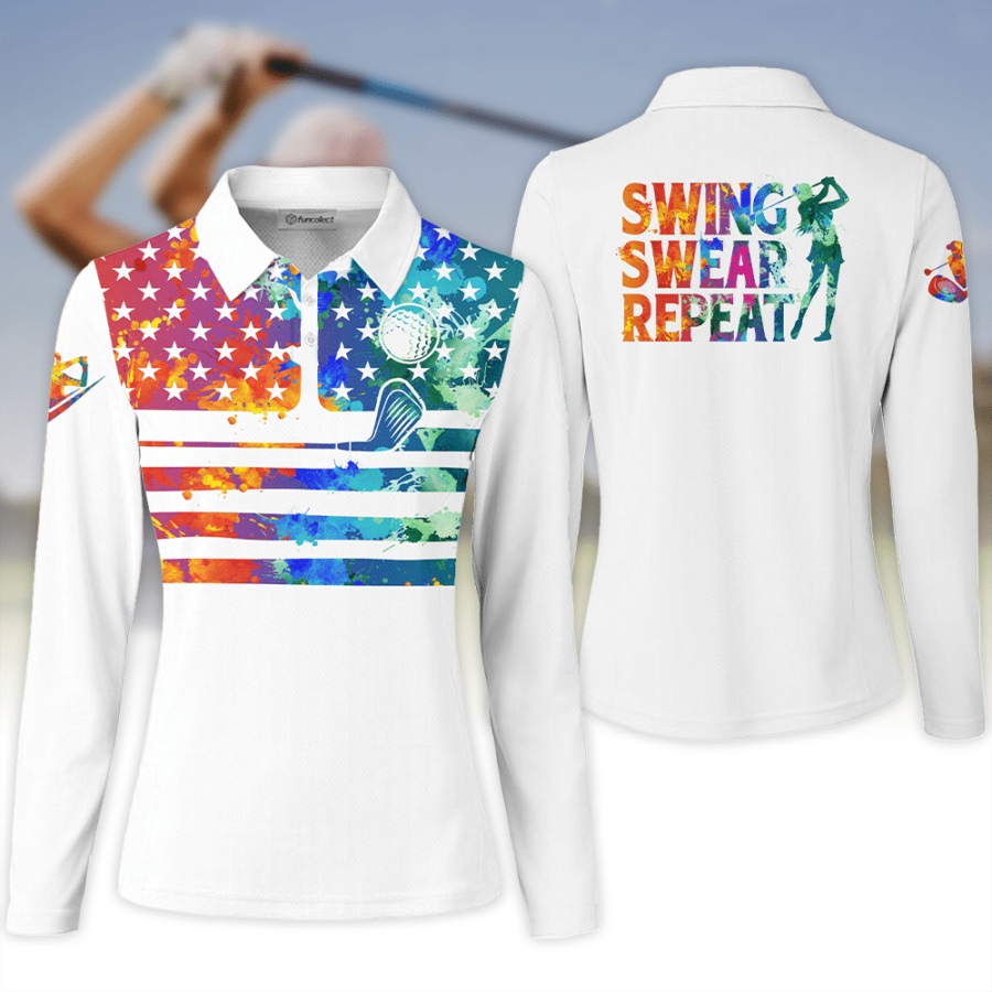 Long Sleeve Polo Shirt Womens Golf Polo Shirt American Flag Swing Swear Repeat Watercolor Sleeve Polo Shirt Women Golf Shirt