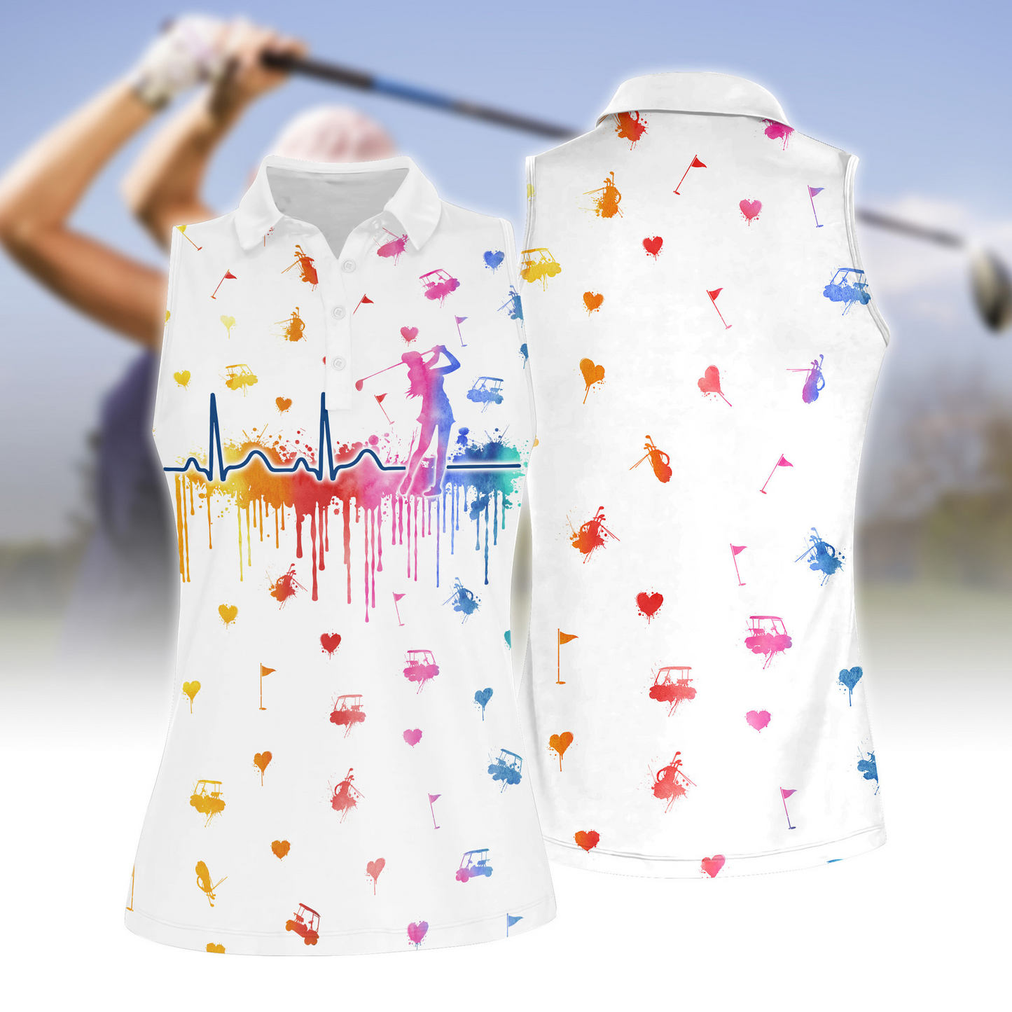 Women Golf Heart Beat Water Color Women Short Sleeve Polo Shirt, Sleeveless Polo Shirt