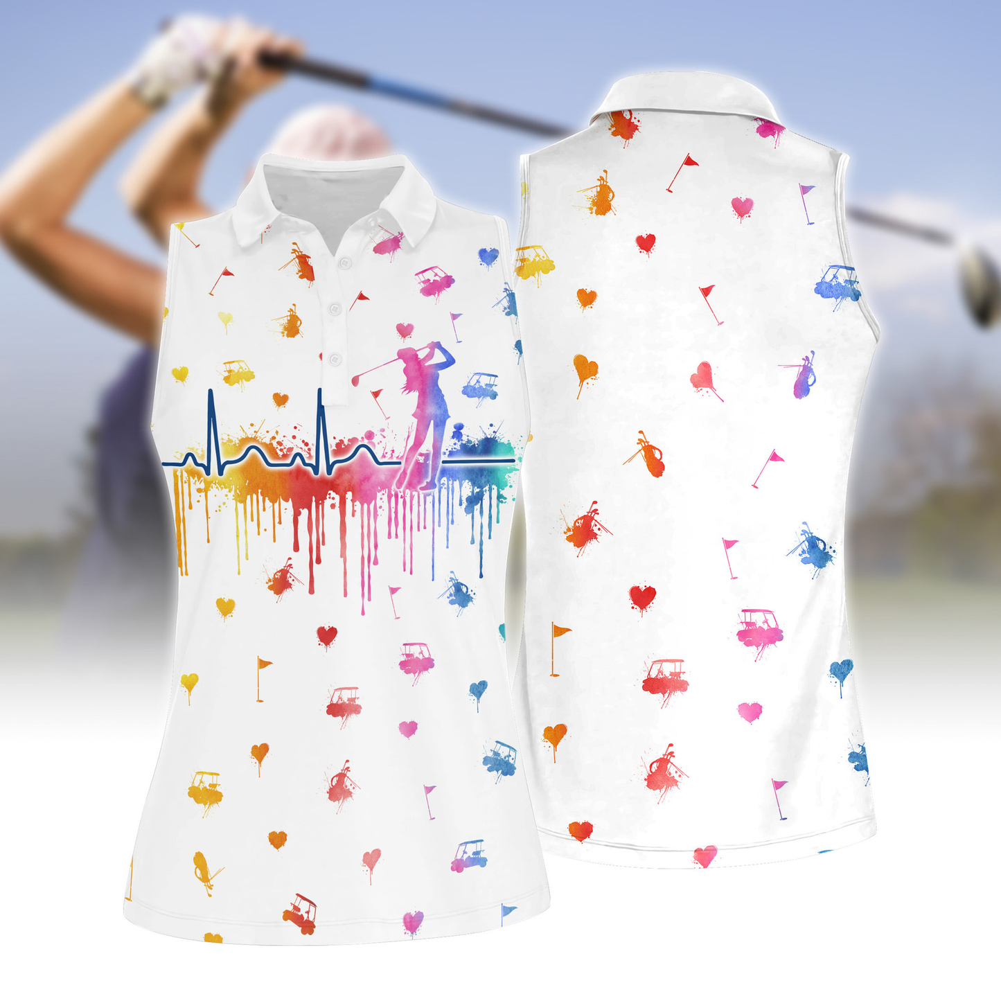 【🔥SALE】Women Golf Heart Beat Water Color Women Short Sleeve Polo Shirt, Sleeveless Polo Shirt