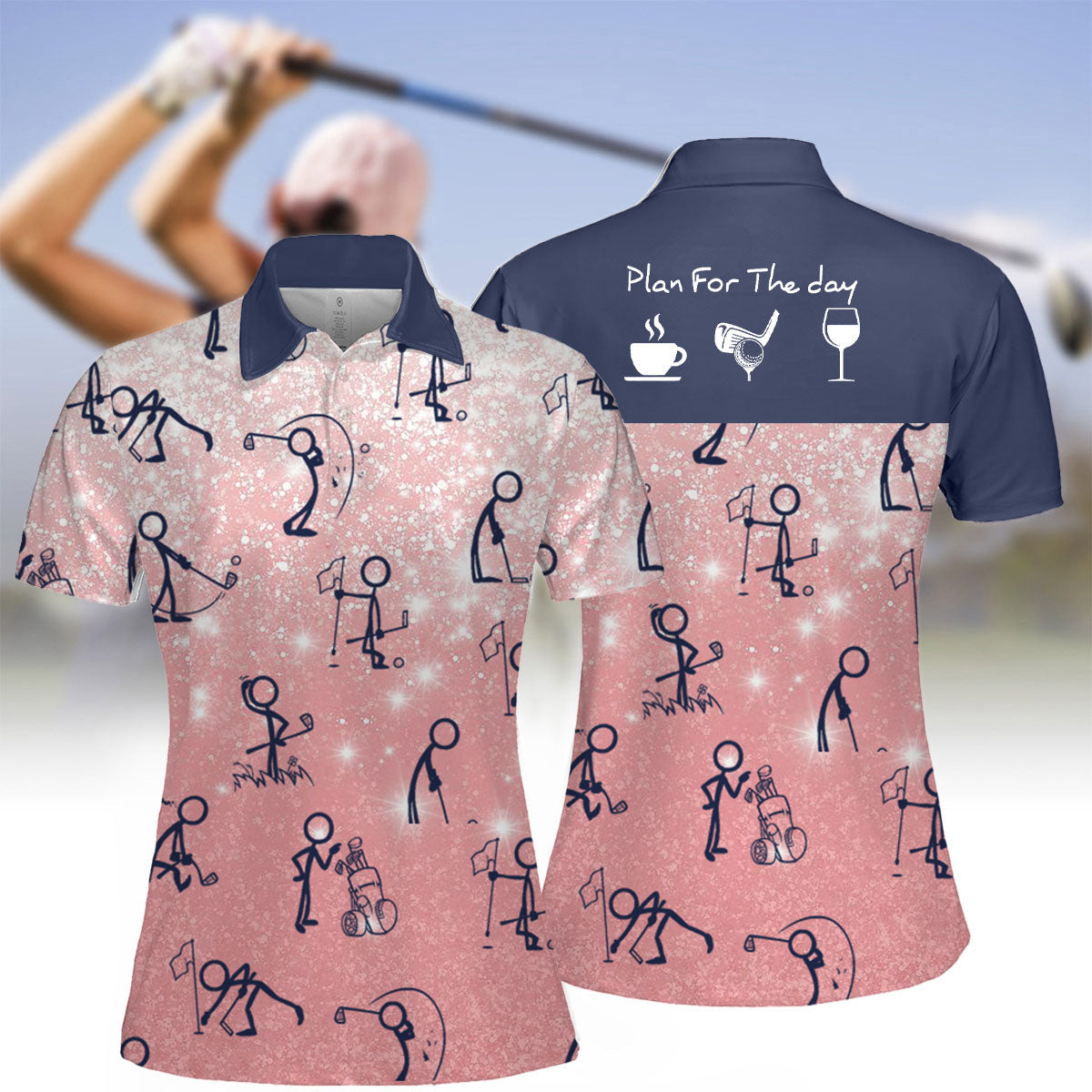 Pink Seamless Golf Stick Figures Women Short Sleeve Polo Shirt