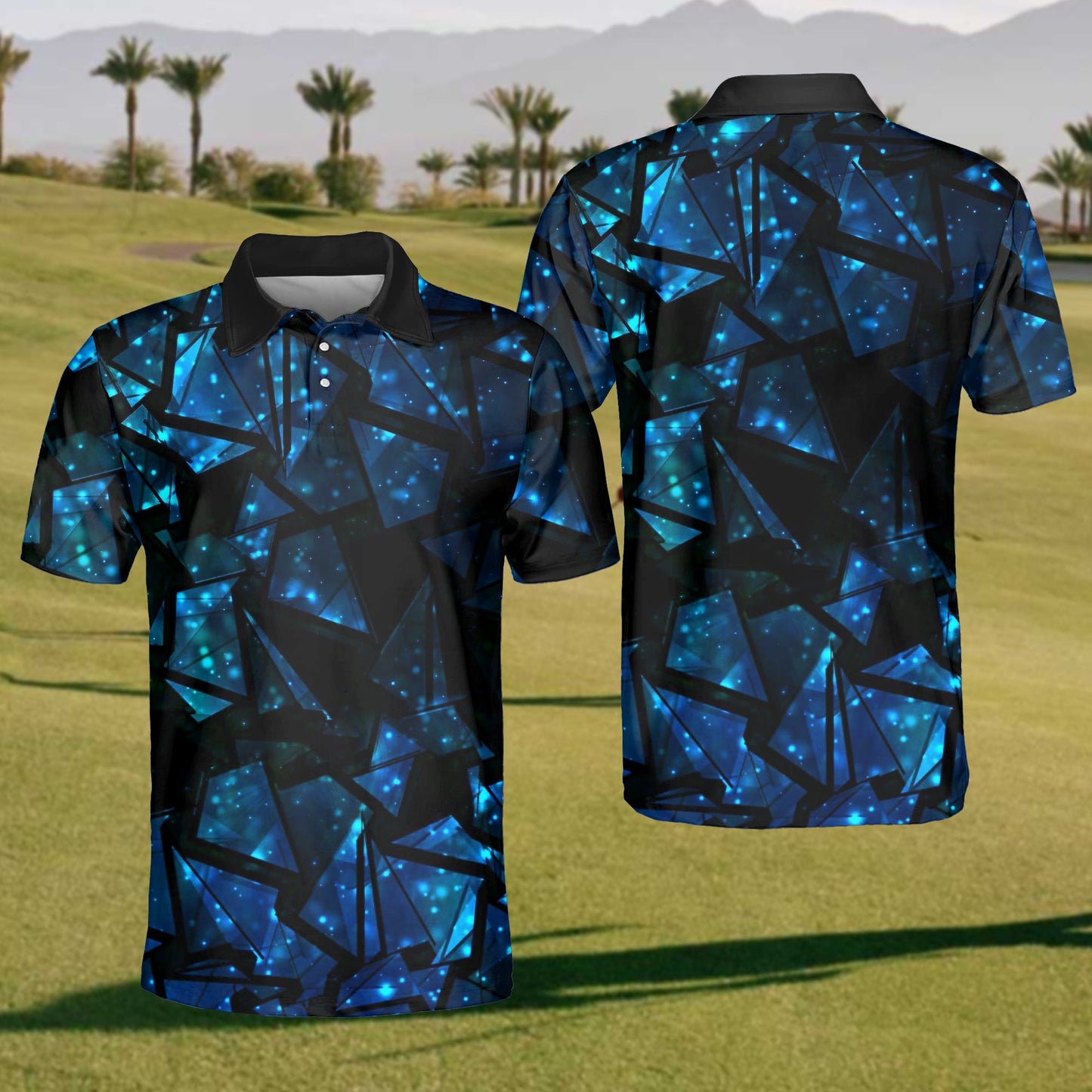 Men's Blue and Black Cubes Black Polo Shirt