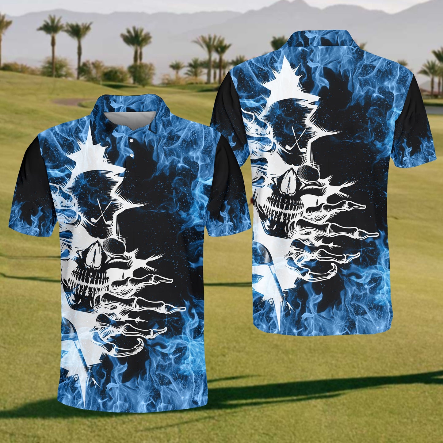 Men's blue flame skull golf polo shirt