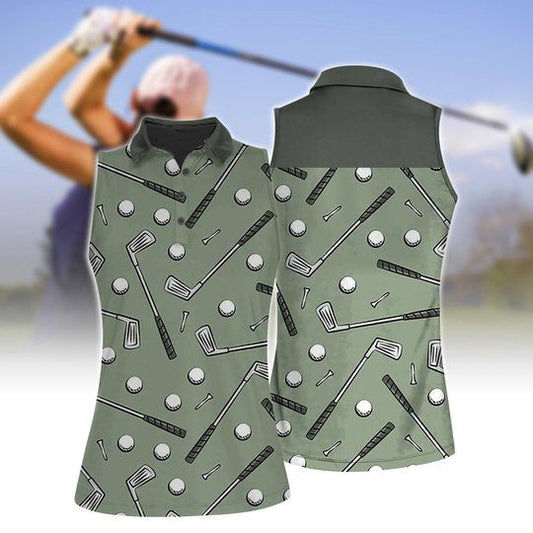 Green Seamless Golf Stick Figures Women Sleeveless Polo Shirt