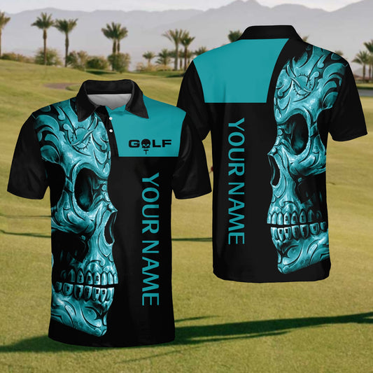 【Custom Your Name】2024 Mens Funny Skull Golf Polo Shirt