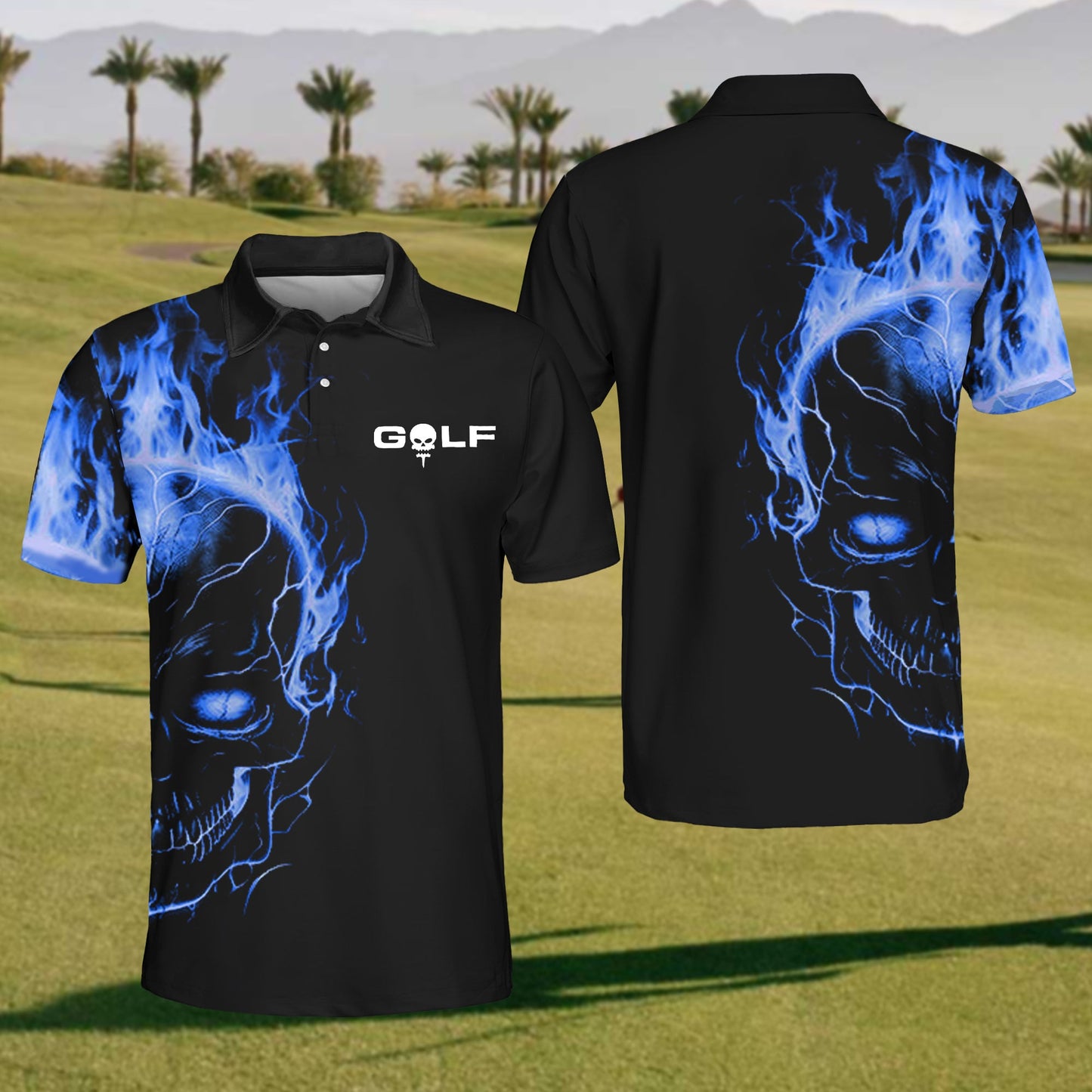 Men's Golf Blue Flame Skull Polo Shirt