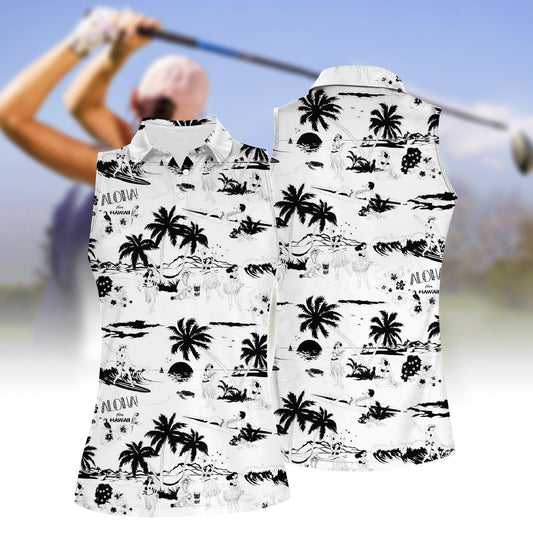 Women's Coconut Tree Pattern Sleeveless  Polo Shirt