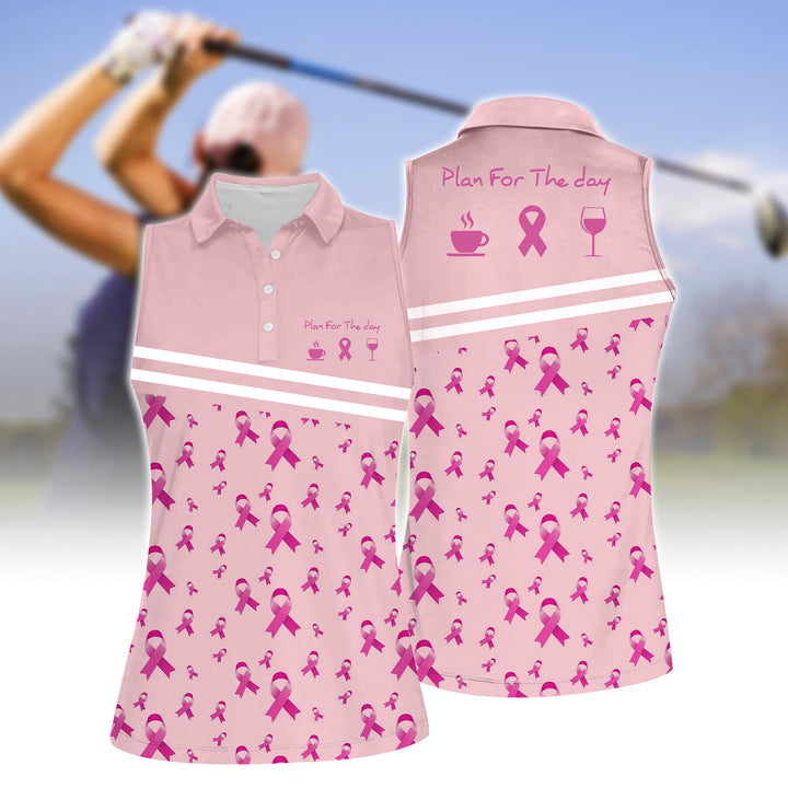 Women'S Plan For The Day Pink Ribbon Sleeveless Polo Shirt