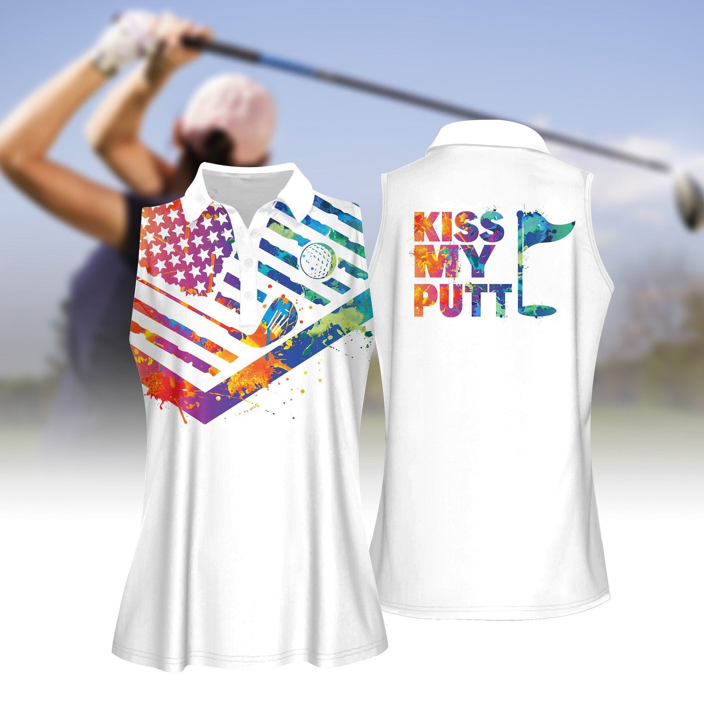 Kiss My Putt Watercolor Women Sleeveless Polo Shirt