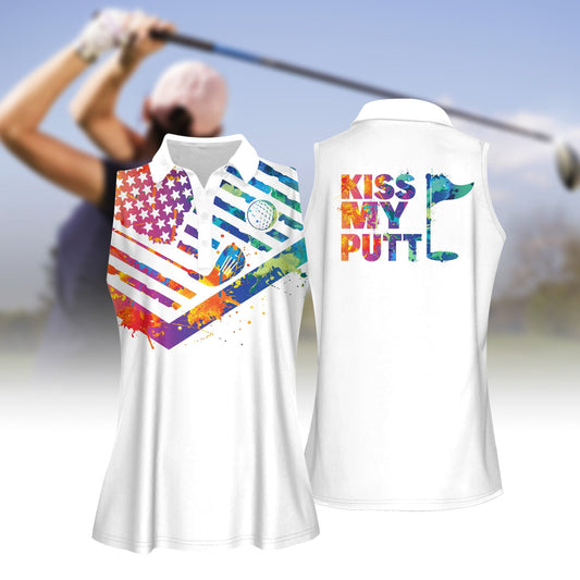 Kiss My Putt Watercolor Women Sleeveless Polo Shirt