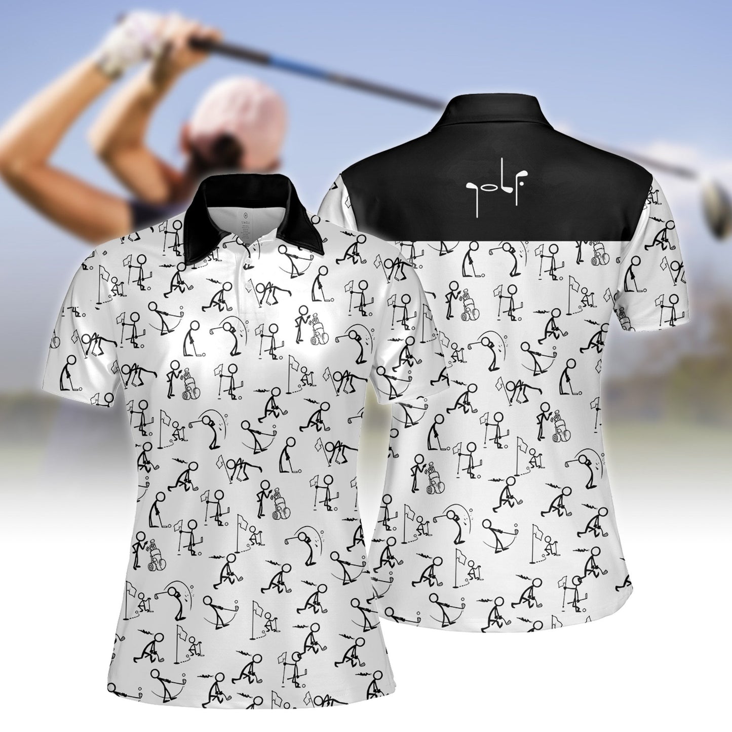 Stick Figures Playing Golf Women Short Sleeve Polo Shirt