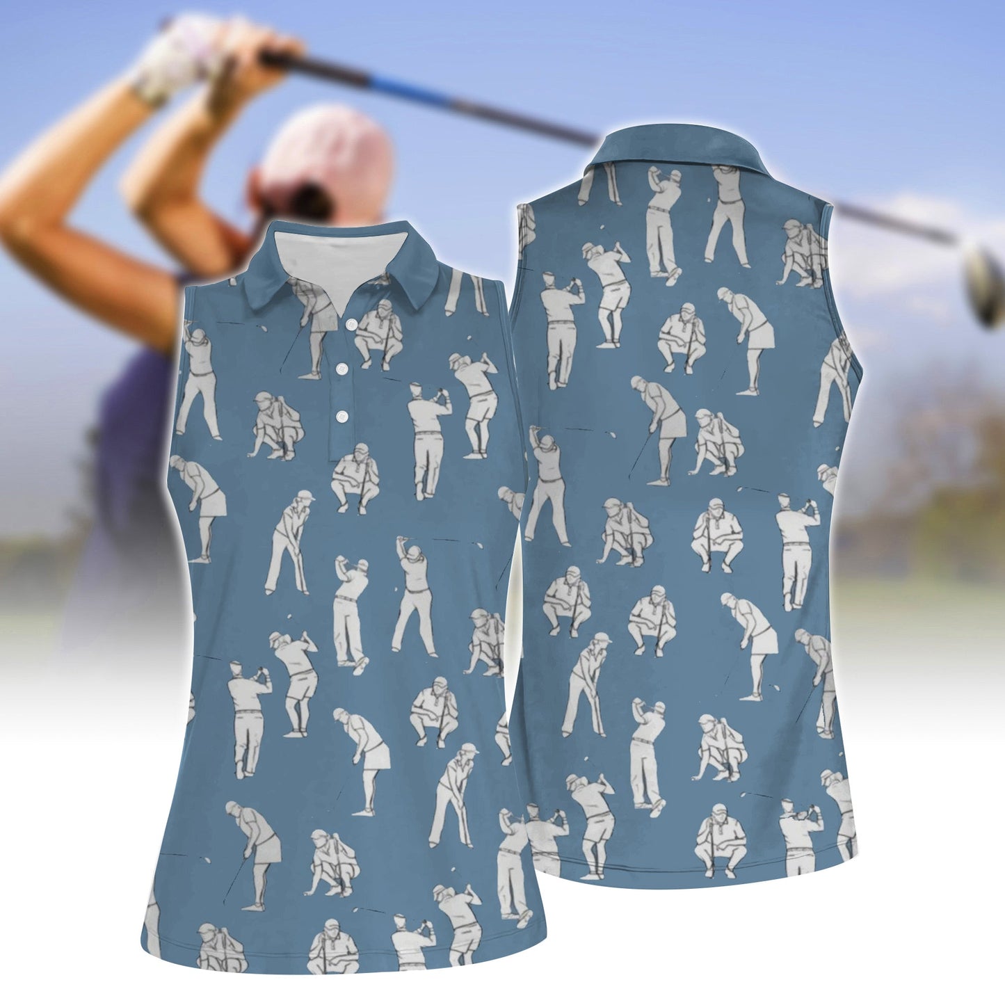 Women Golf Stick Figures Sleeveless Polo Shirt