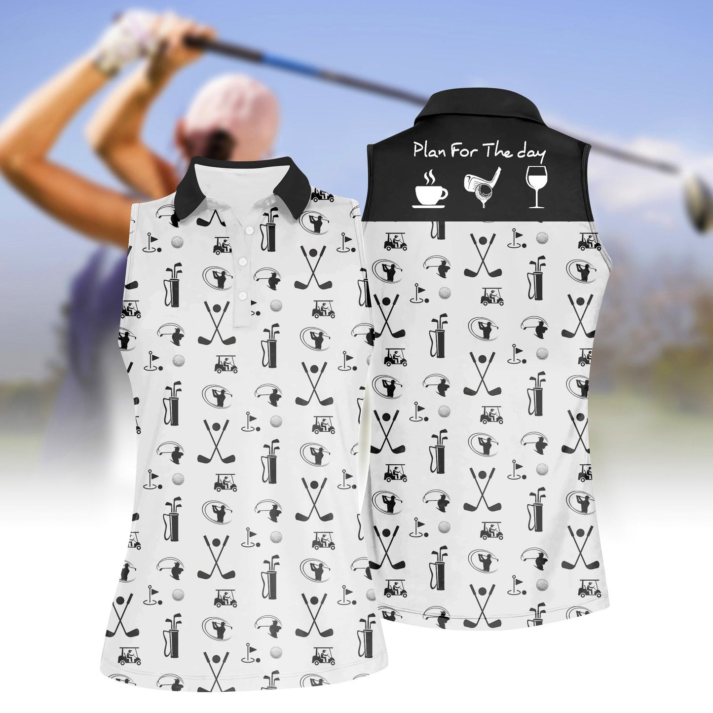 Women'S Golf Ball And Club Sleeveless Polo Shirt