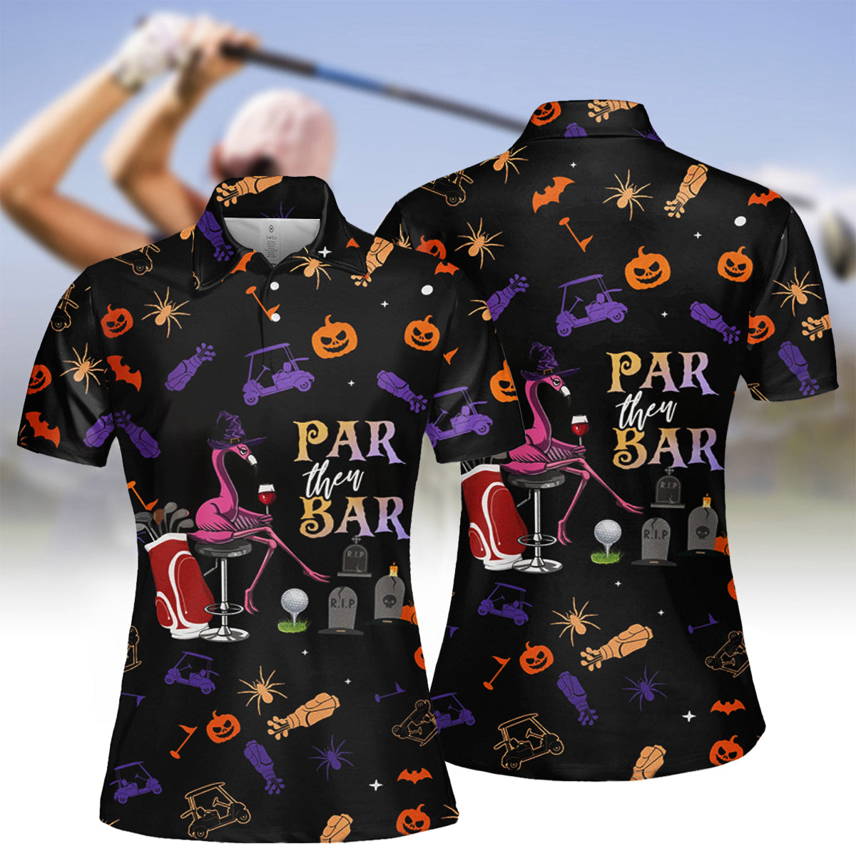 Black Halloween Flamingo background Women golf polo shirt