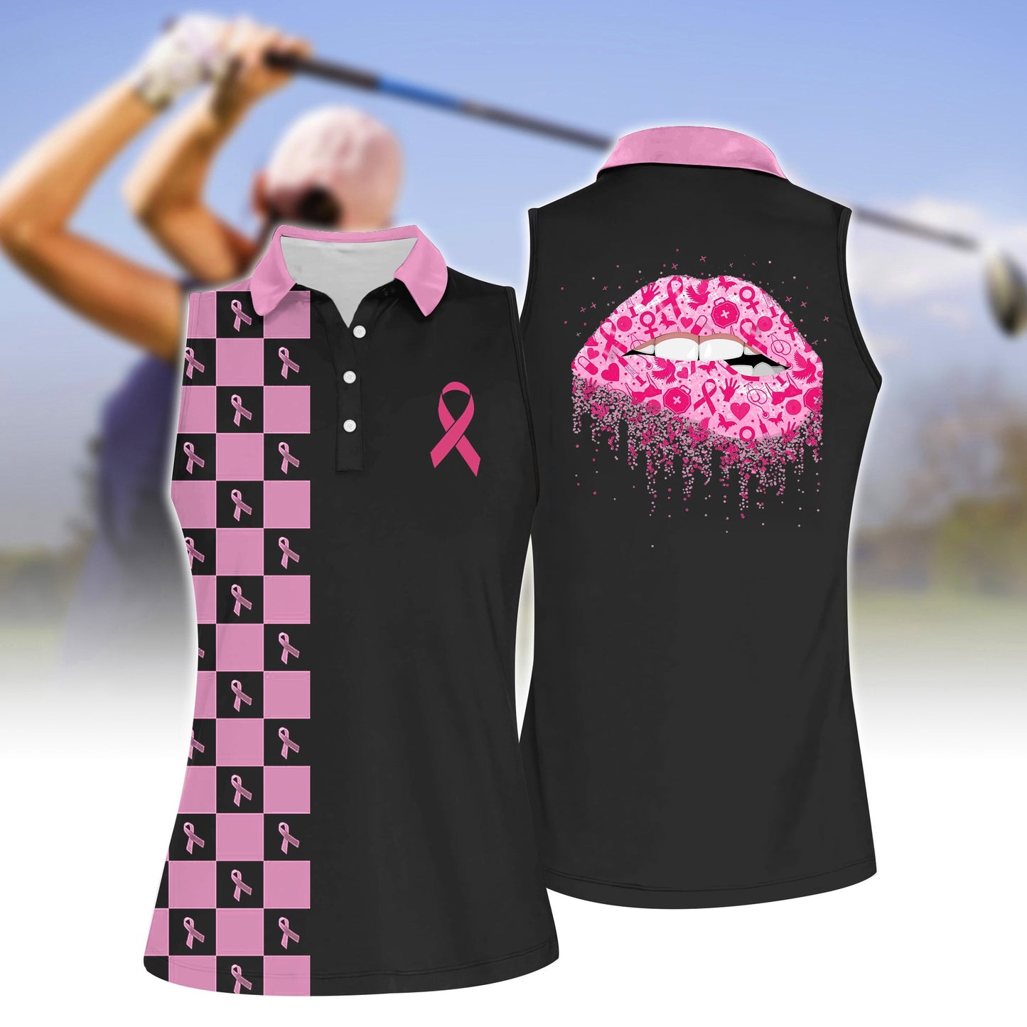 Women's Pink Lips Sleeveless Polo Shirt