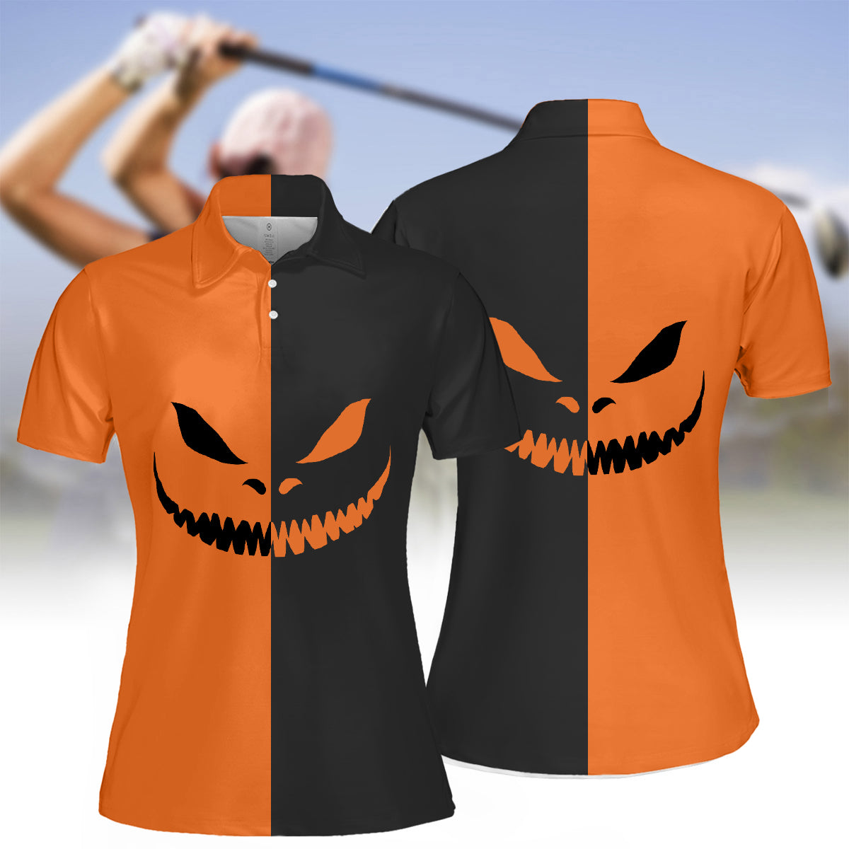 Women's Halloween Grimace Pattern Long Sleeve Polo Shirt