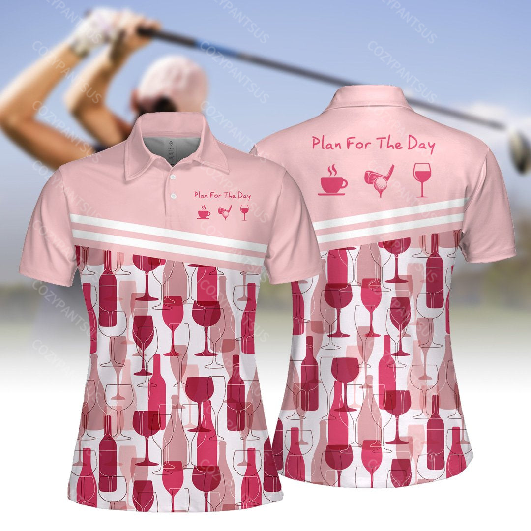 Plan For The Day Coffee Golf Wine Seamless Pattern Women Short Sleeve Polo Shirt