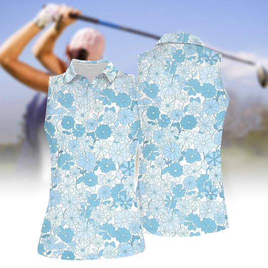 Women's flower print sleeveless polo shirt