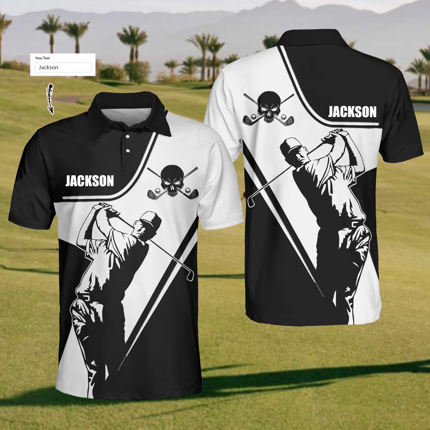 【Custom Your Name】Golf Skull Black And White All Over Printed Pattern Polo Shirts