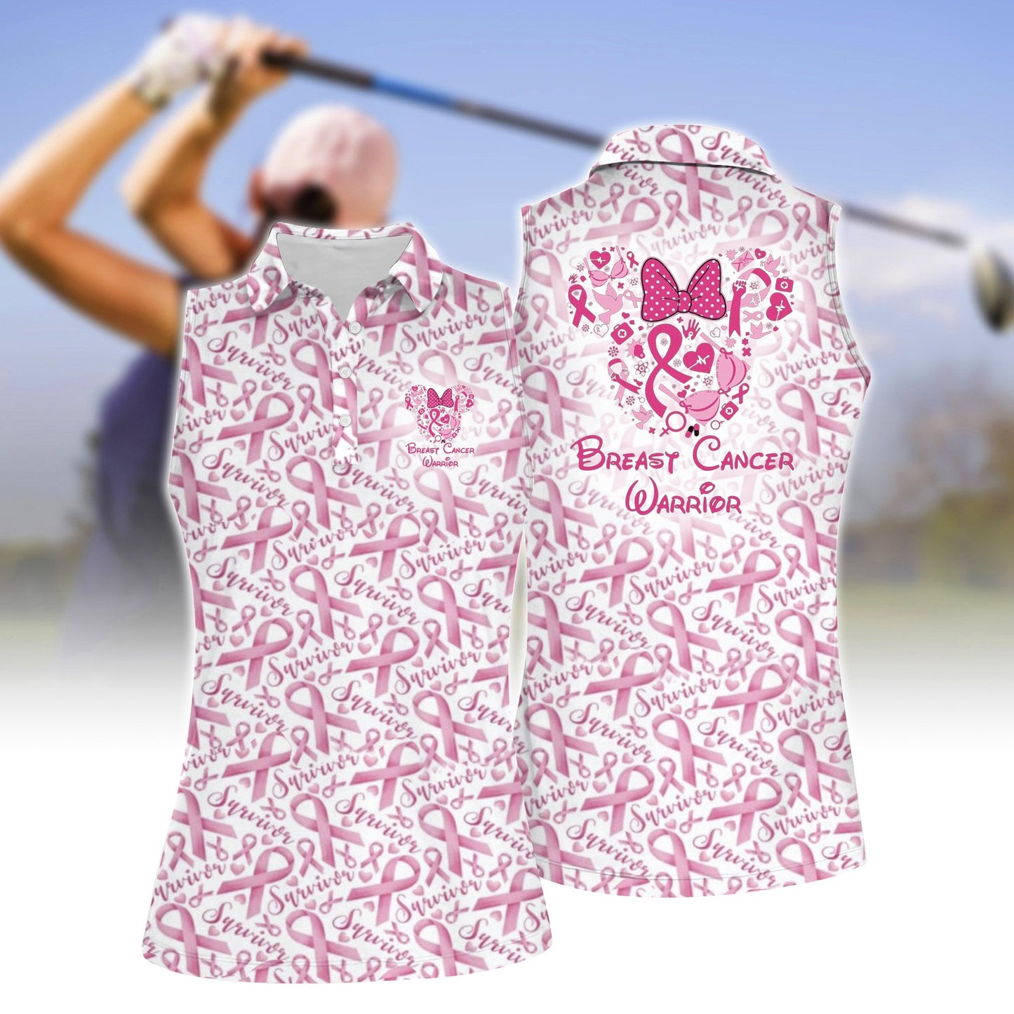 Women's Pink Mouse Print Sleeveless Polo Shirt