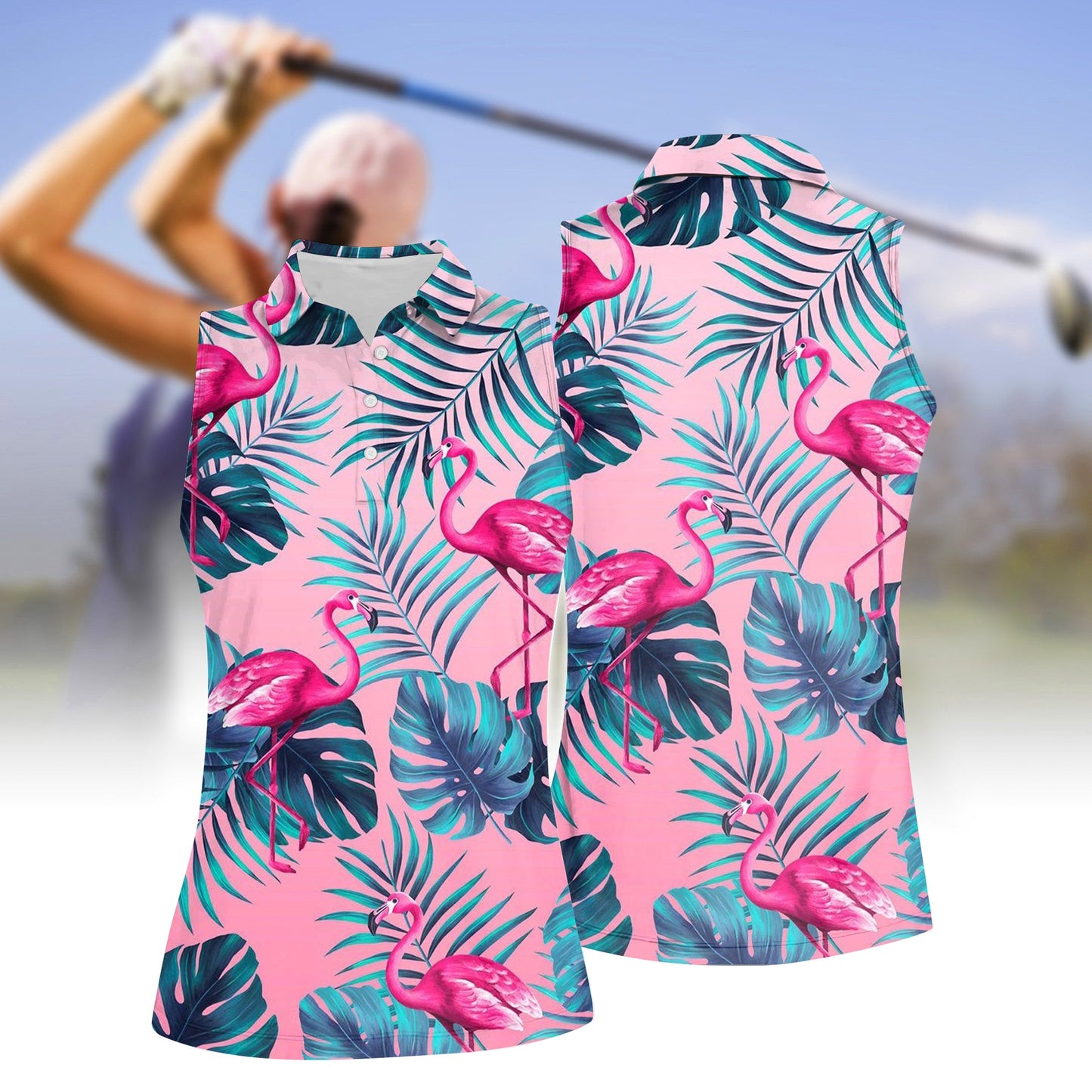 Women's Leaf & Flamingo Sleeveless Polo Shirt