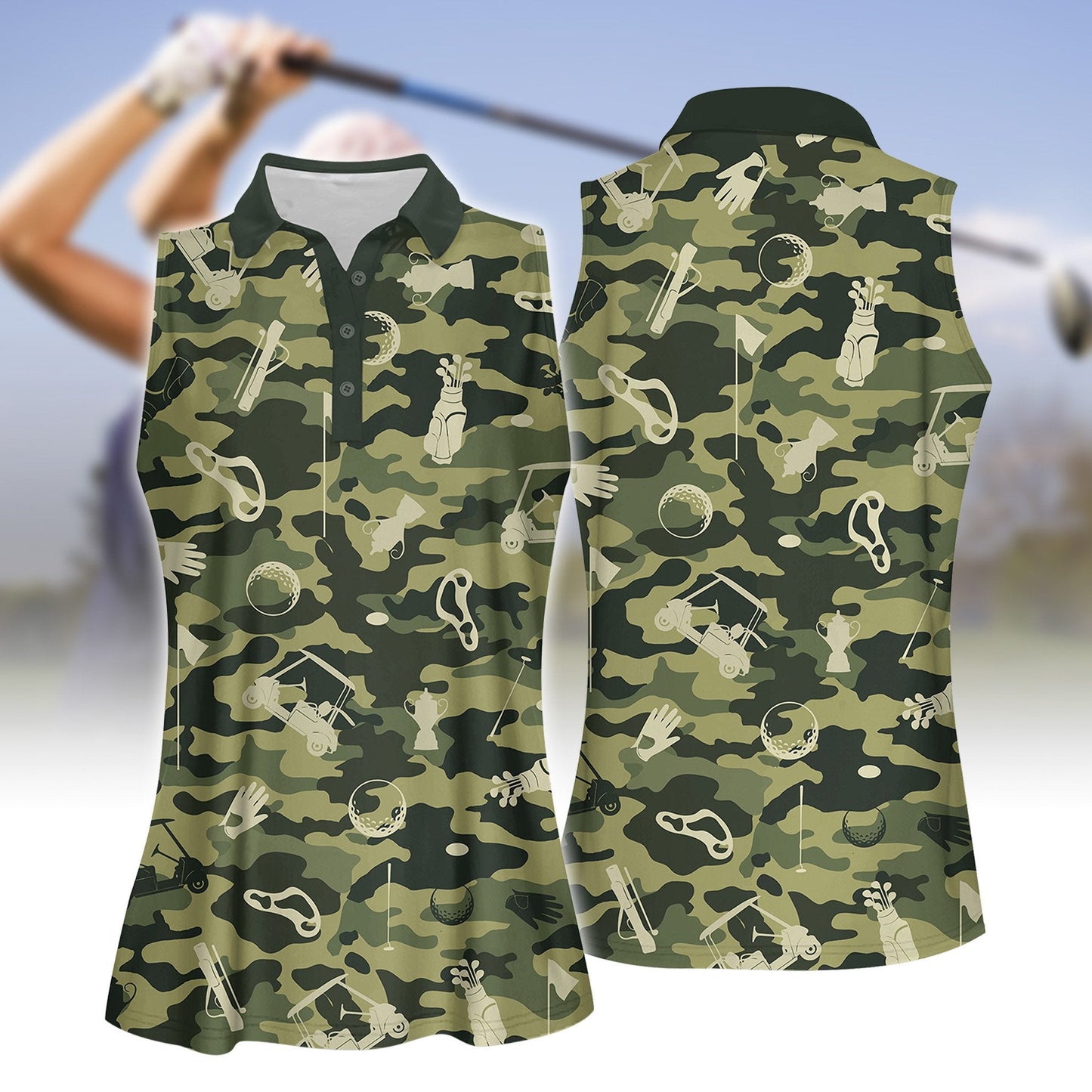 Green Camouflage Golf Set Women Sleeveless Polo Shirt