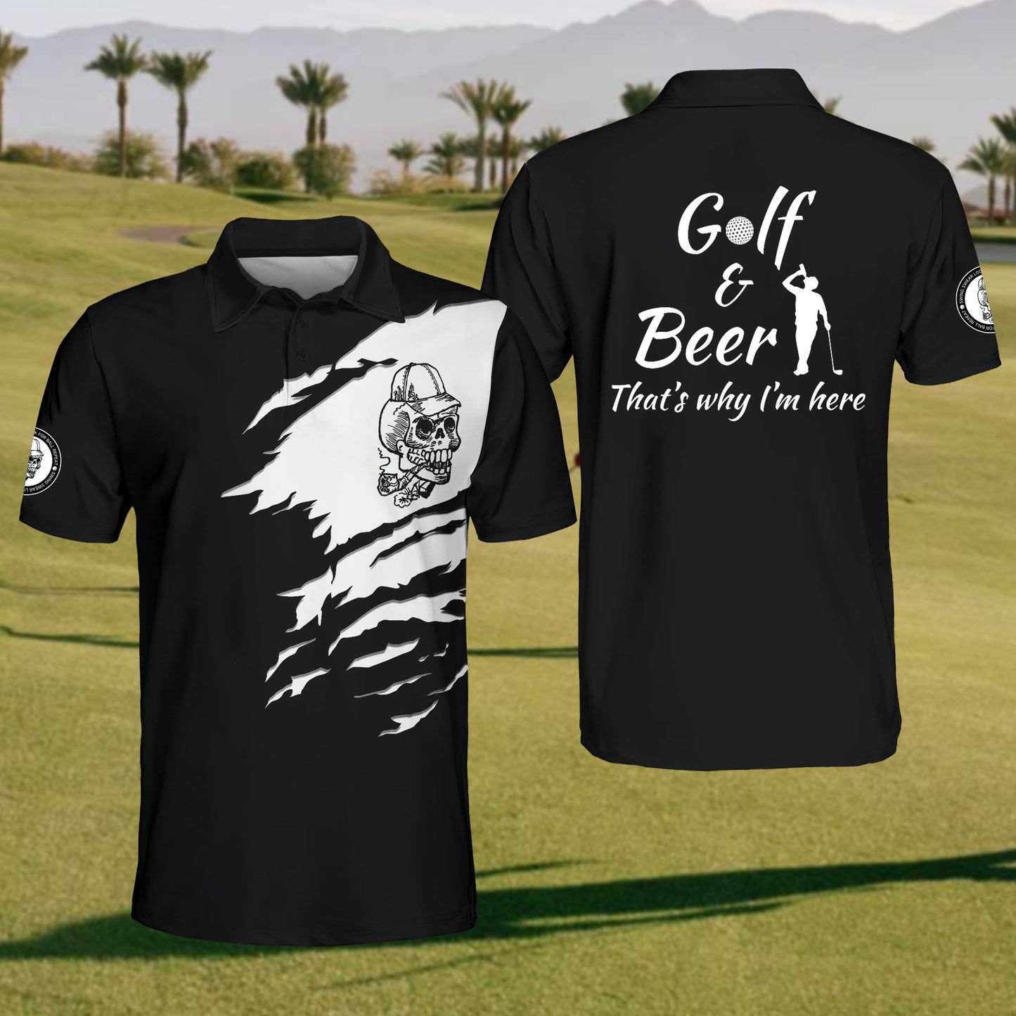 Men's Skull & Drinking Beer Golf Polo Shirt