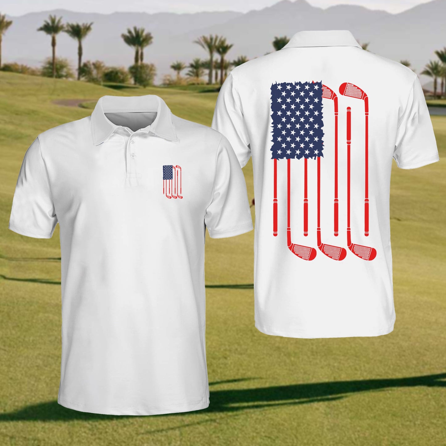 American Flag White Mens Golf Polo Shirt