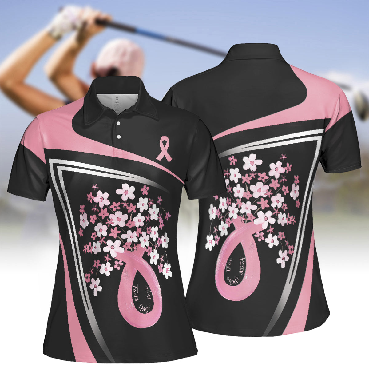 Flowers Faith Hope Love Pink Breast Cancer Awareness Short Sleeve Women Polo Shirt