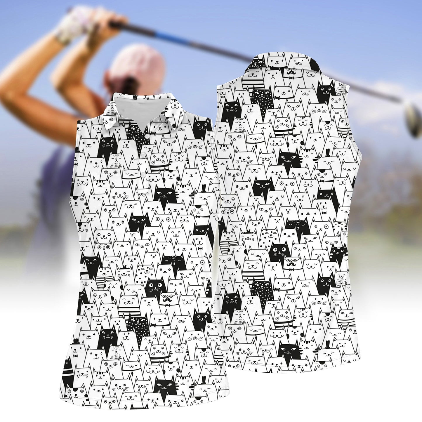 Women's Cat Print Sleeveless Polo Shirt