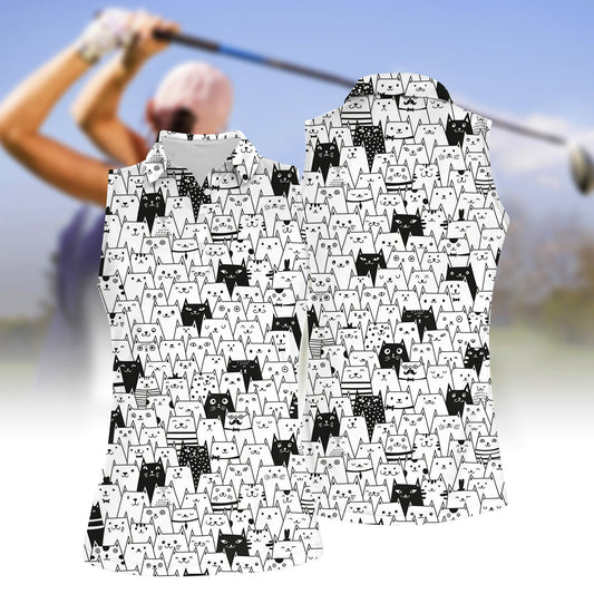 Women's Cat Print Sleeveless Polo Shirt