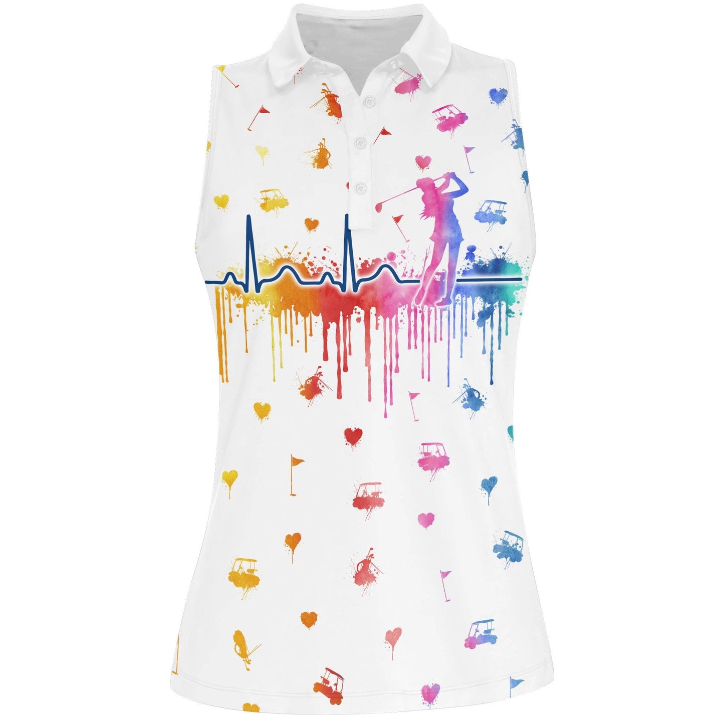 Women Golf Heart Beat Water Color Women Short Sleeve Polo Shirt, Sleeveless Polo Shirt